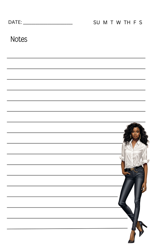 Chic Black Woman Memo Notepad – 5.5x8.5" Lined Stationery Pad for Notes & Lists
