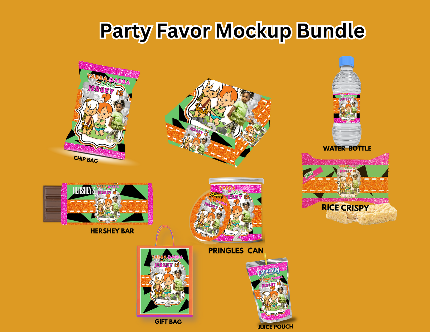 DIGITAL DOWNLOAD: EDITABLE TEMPLATE Flintstones Party Favor Bundle