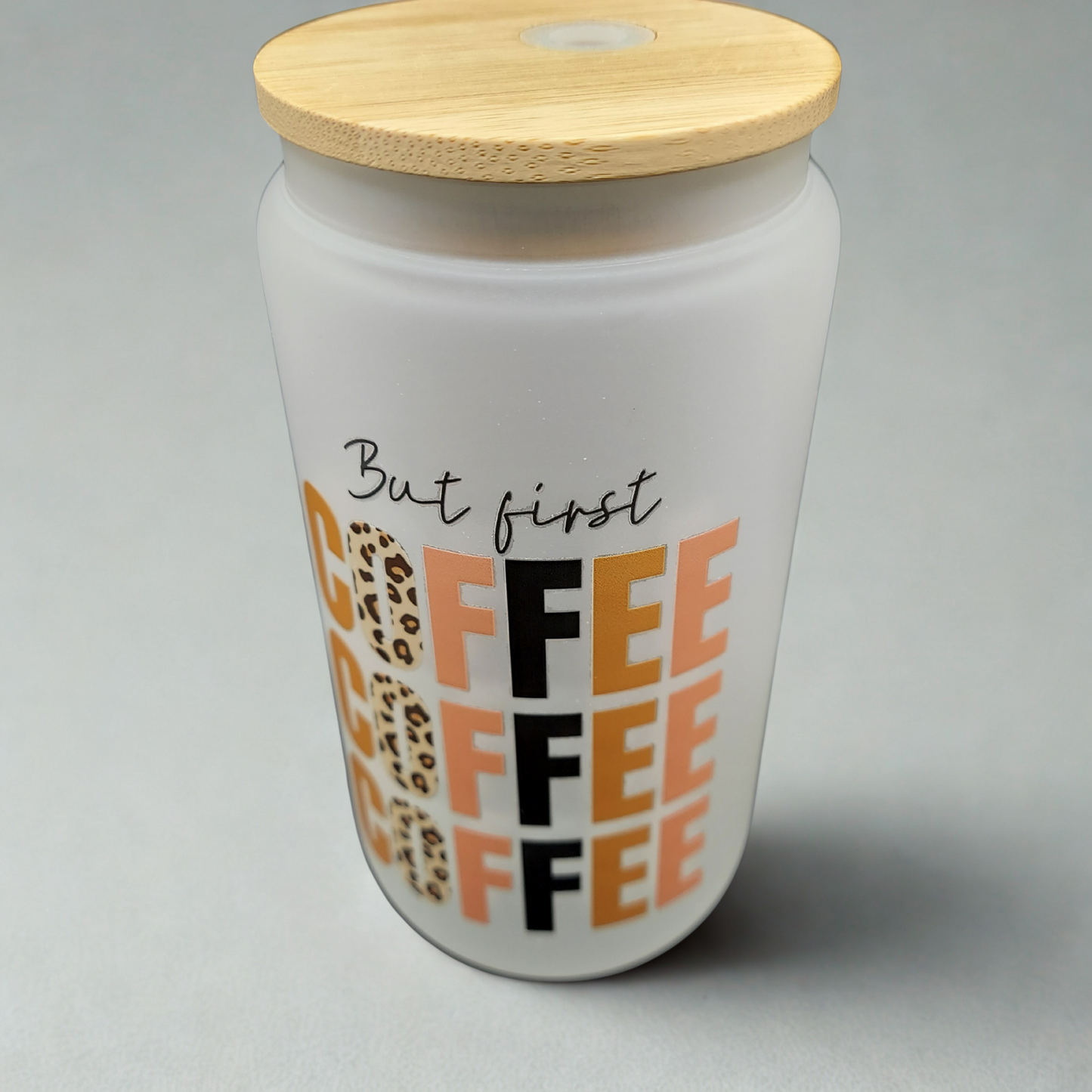 But First, Coffee 16oz Frosted Glass Can Tumbler with Bamboo Lid