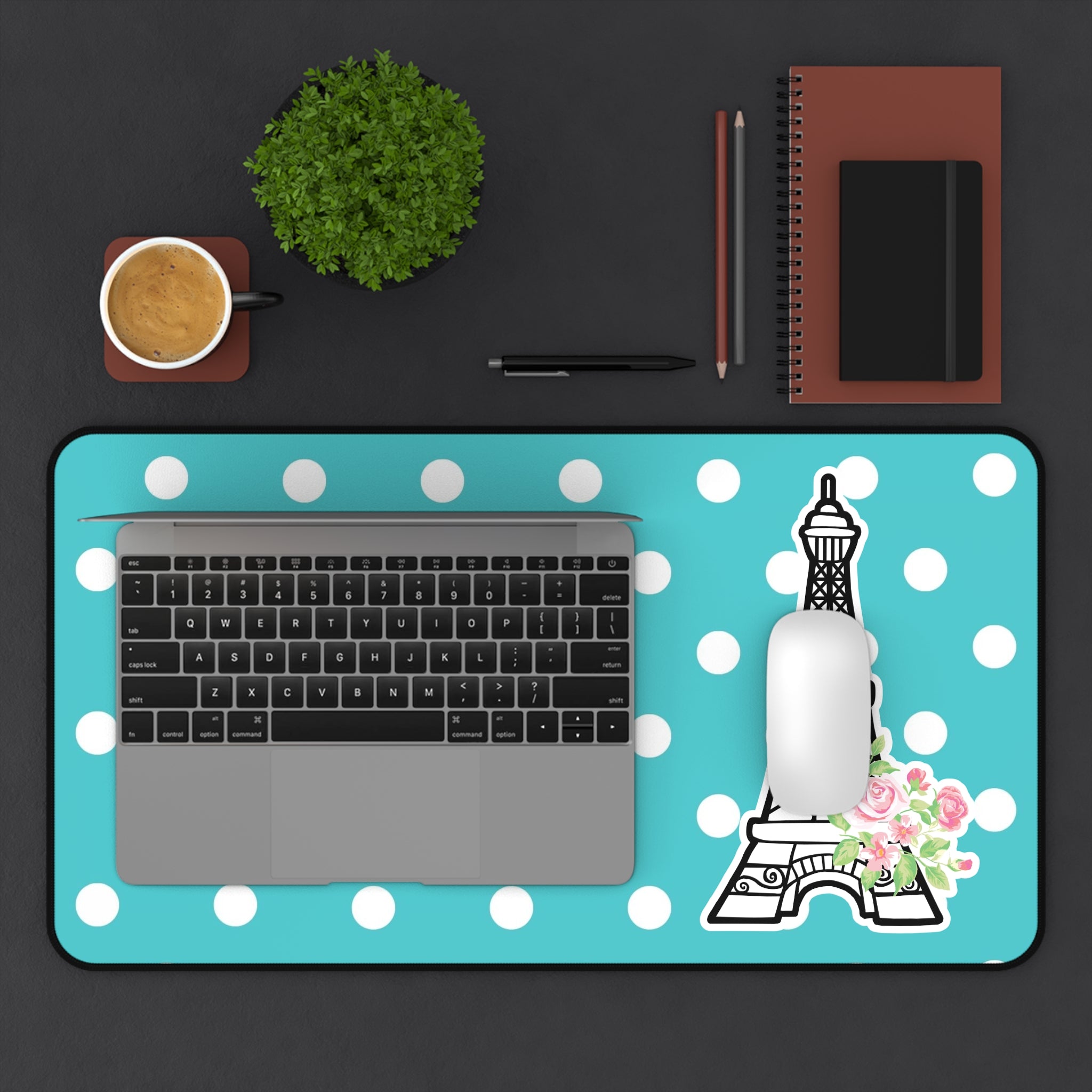 Eiffel Tower Polka Dot Desk Mat — Turquoise Floral Mousepad