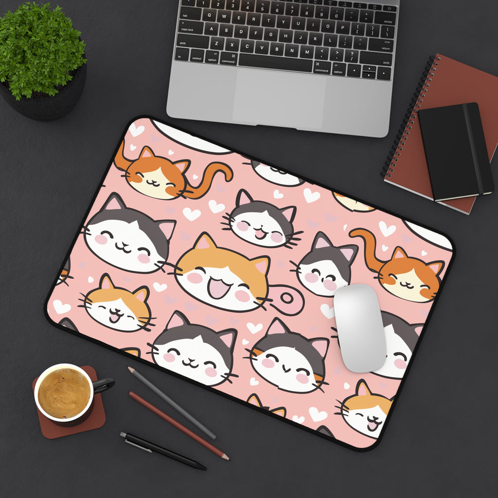 Cute Kawaii Cat Faces Desk Mat — Pink Cat Pattern Mouse Pad