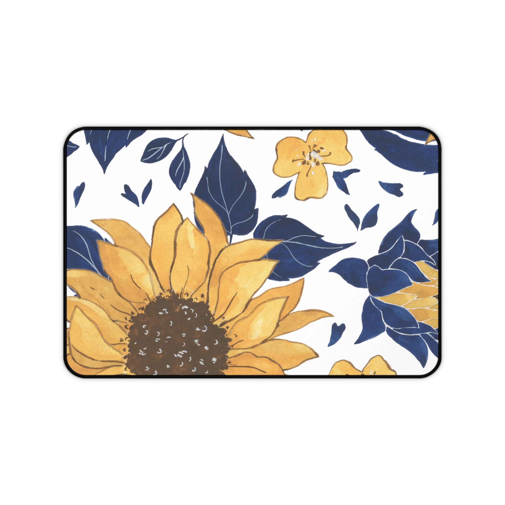Sunflower Floral Desk Mat — Yellow & Navy Office Mousepad