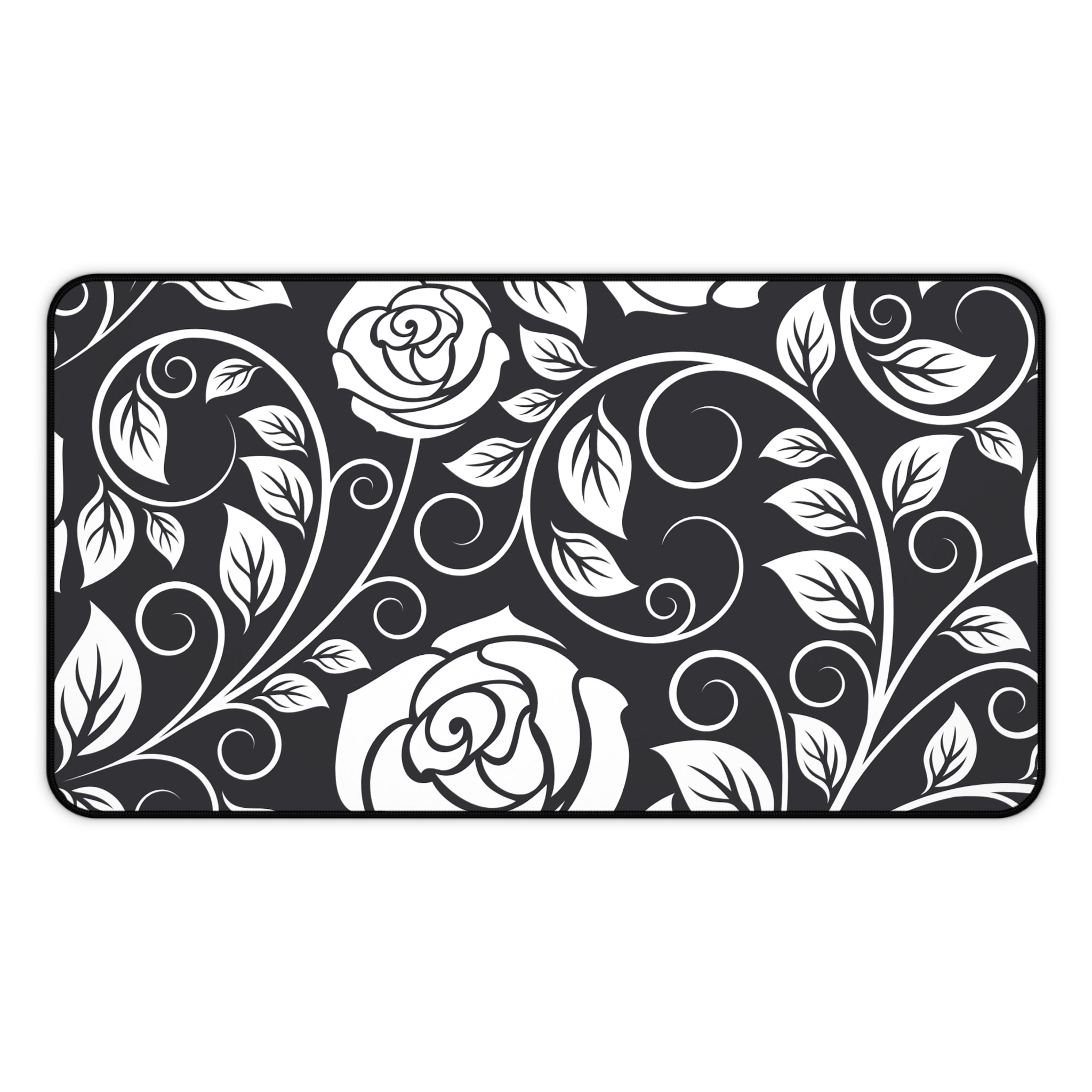 Desk Mat — Black & White Rose Swirl Desk Mat (Floral Mouse Pad for Office & Home)