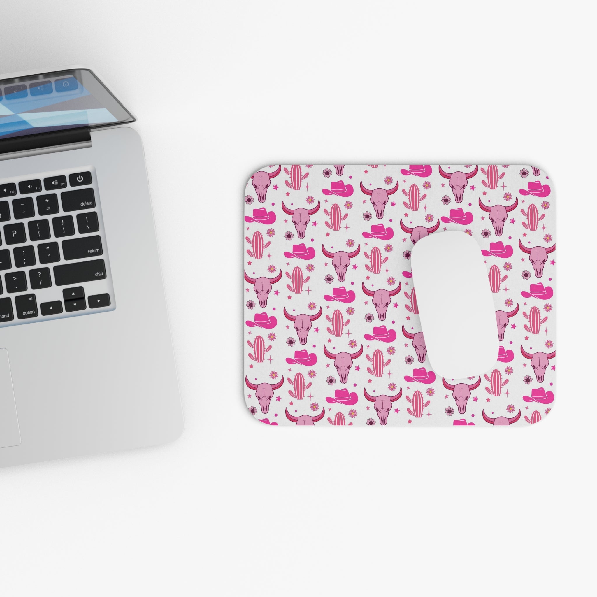 Pink Western Cow Skull Mouse Pad — Cute Cowgirl Desk Mat with Hats & Cacti