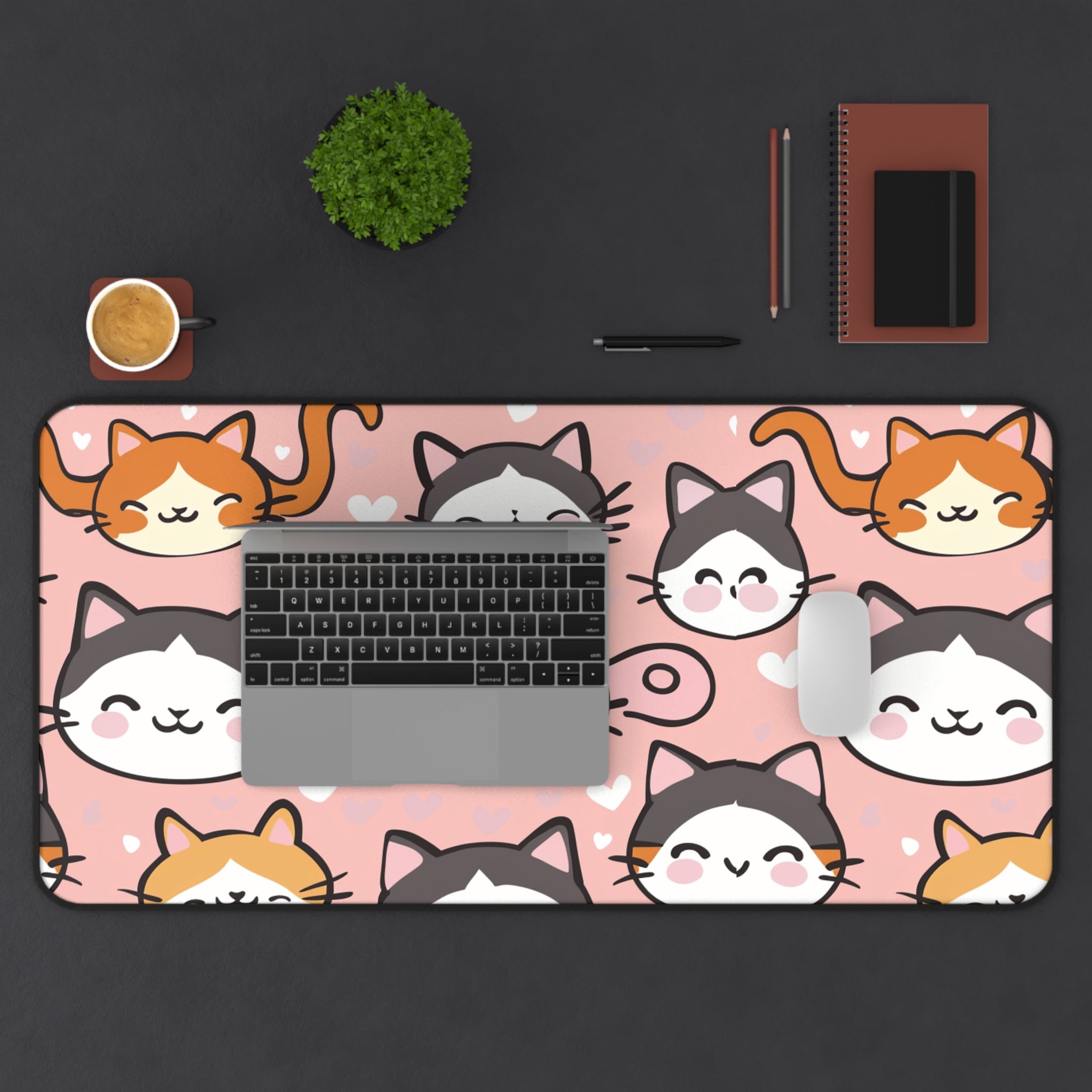 Cute Kawaii Cat Faces Desk Mat — Pink Cat Pattern Mouse Pad