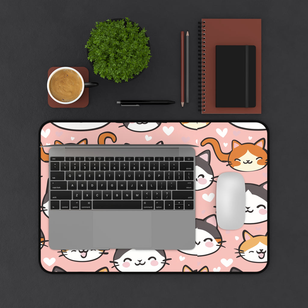 Cute Kawaii Cat Faces Desk Mat — Pink Cat Pattern Mouse Pad