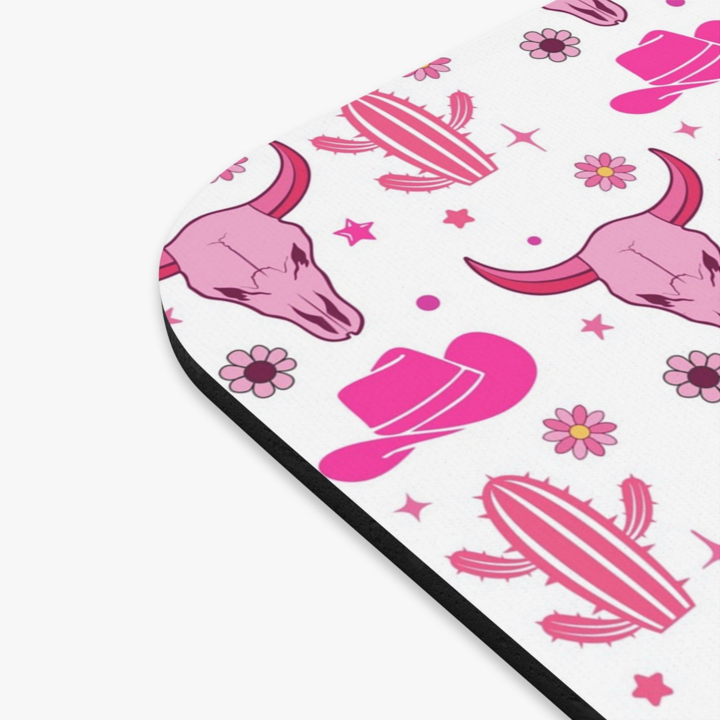 Pink Western Cow Skull Mouse Pad — Cute Cowgirl Desk Mat with Hats & Cacti