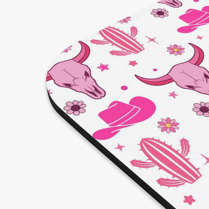 Pink Western Cow Skull Mouse Pad — Cute Cowgirl Desk Mat with Hats & Cacti