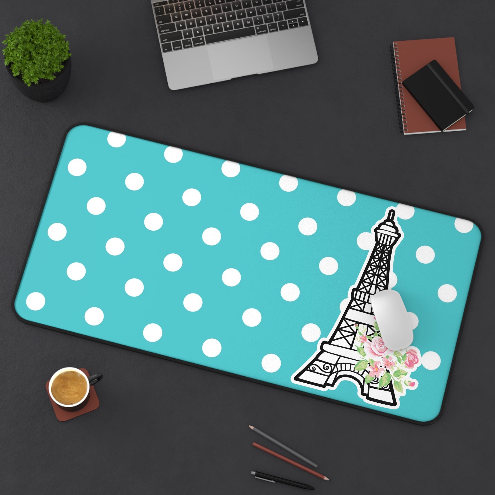 Eiffel Tower Polka Dot Desk Mat — Turquoise Floral Mousepad