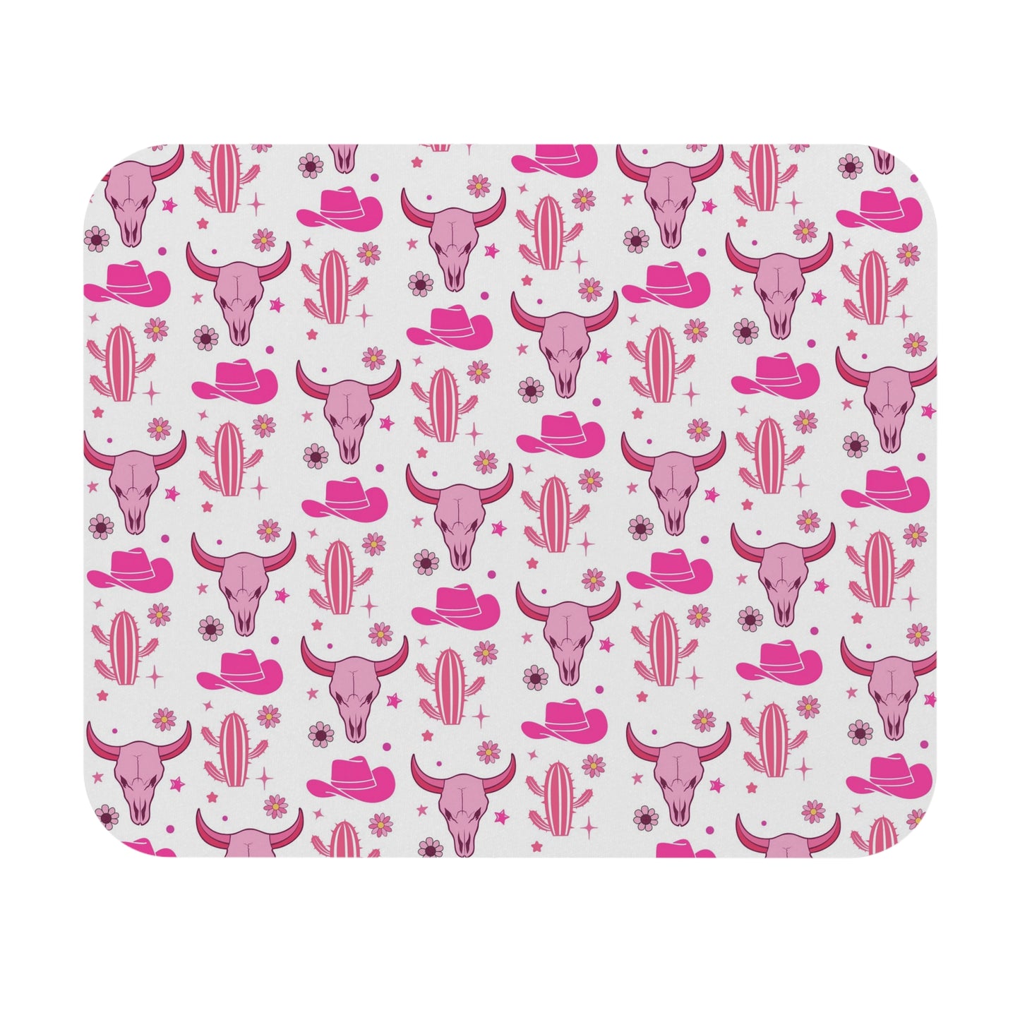 Pink Western Cow Skull Mouse Pad — Cute Cowgirl Desk Mat with Hats & Cacti