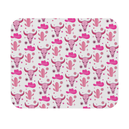 Pink Western Cow Skull Mouse Pad — Cute Cowgirl Desk Mat with Hats & Cacti