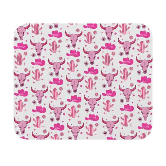Pink Western Cow Skull Mouse Pad — Cute Cowgirl Desk Mat with Hats & Cacti