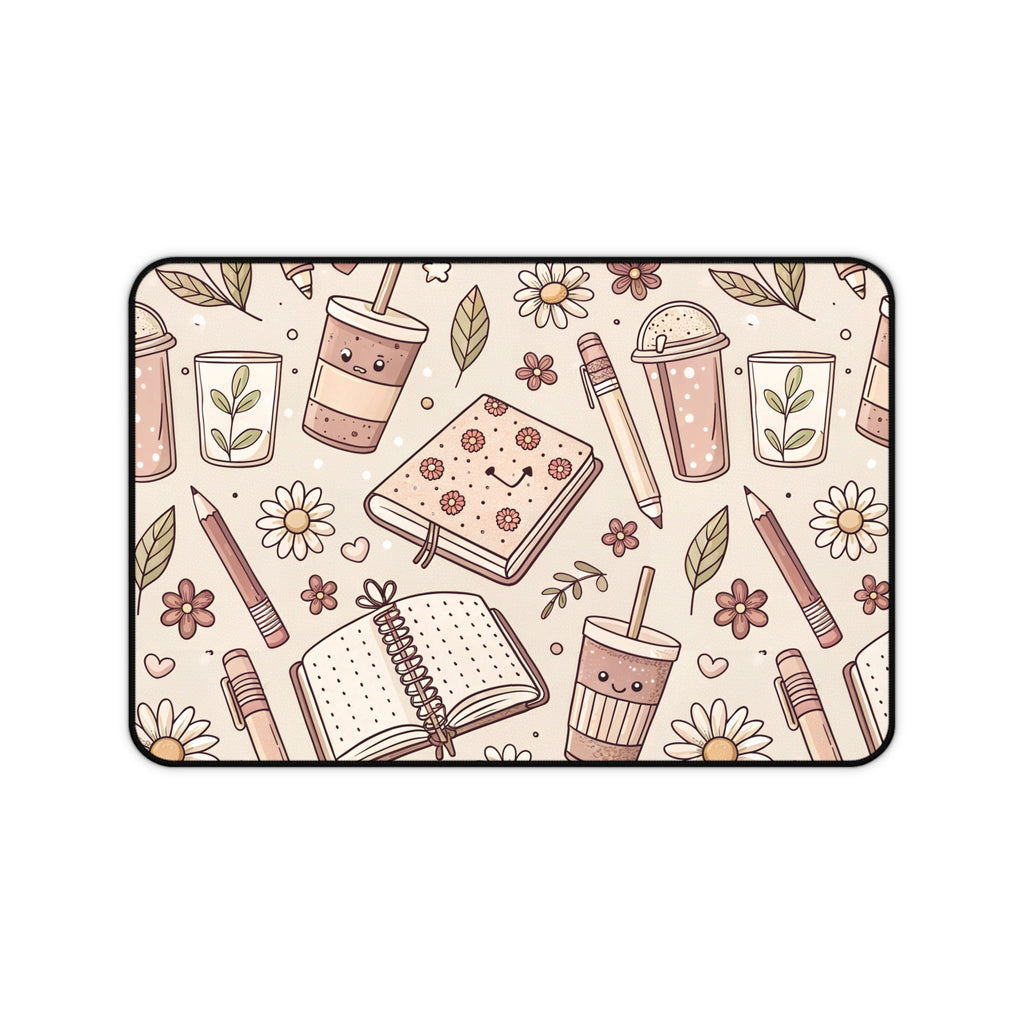 Cute Study Desk Mat — Floral Notebooks, Pens & Coffee Pattern