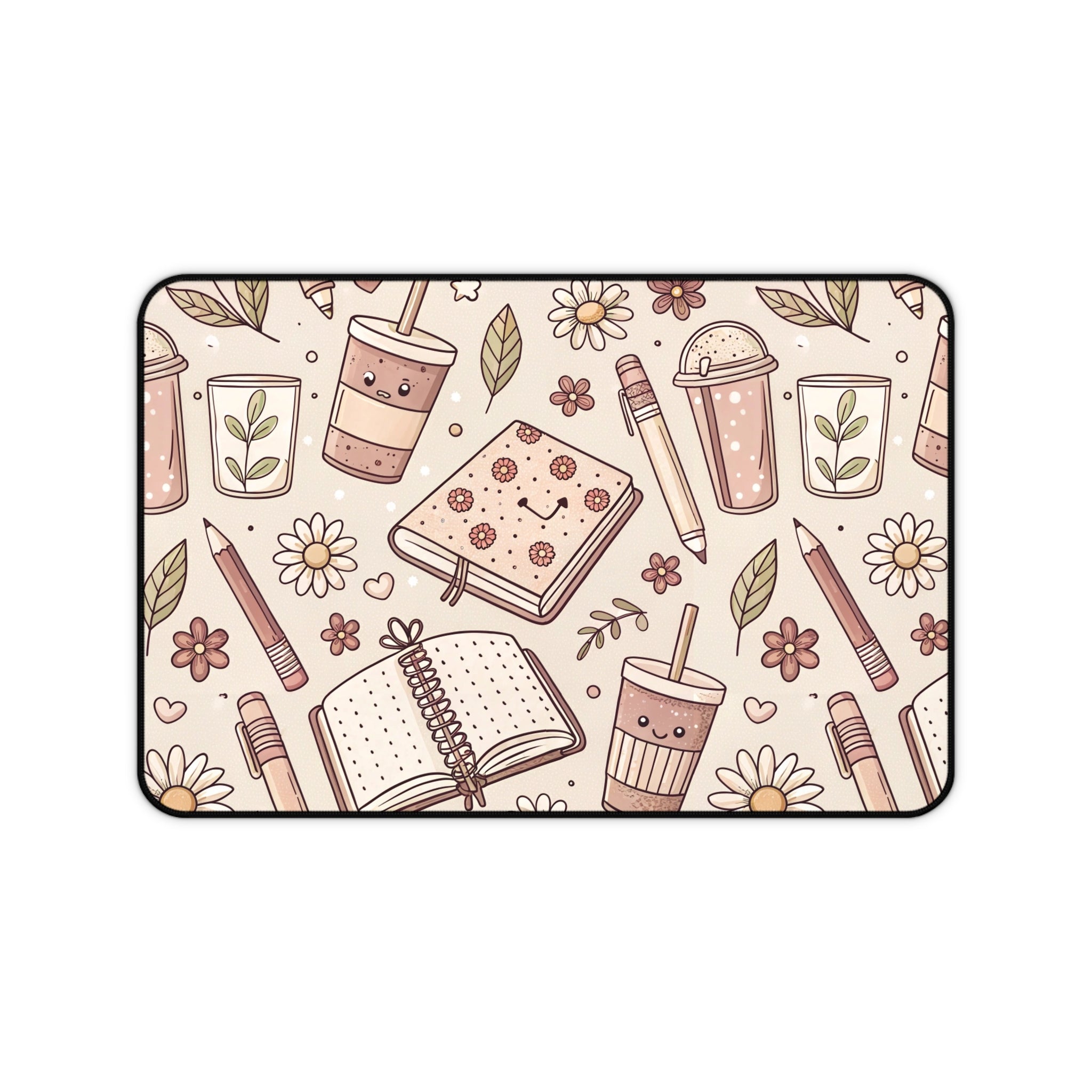 Cute Study Desk Mat — Floral Notebooks, Pens & Coffee Pattern