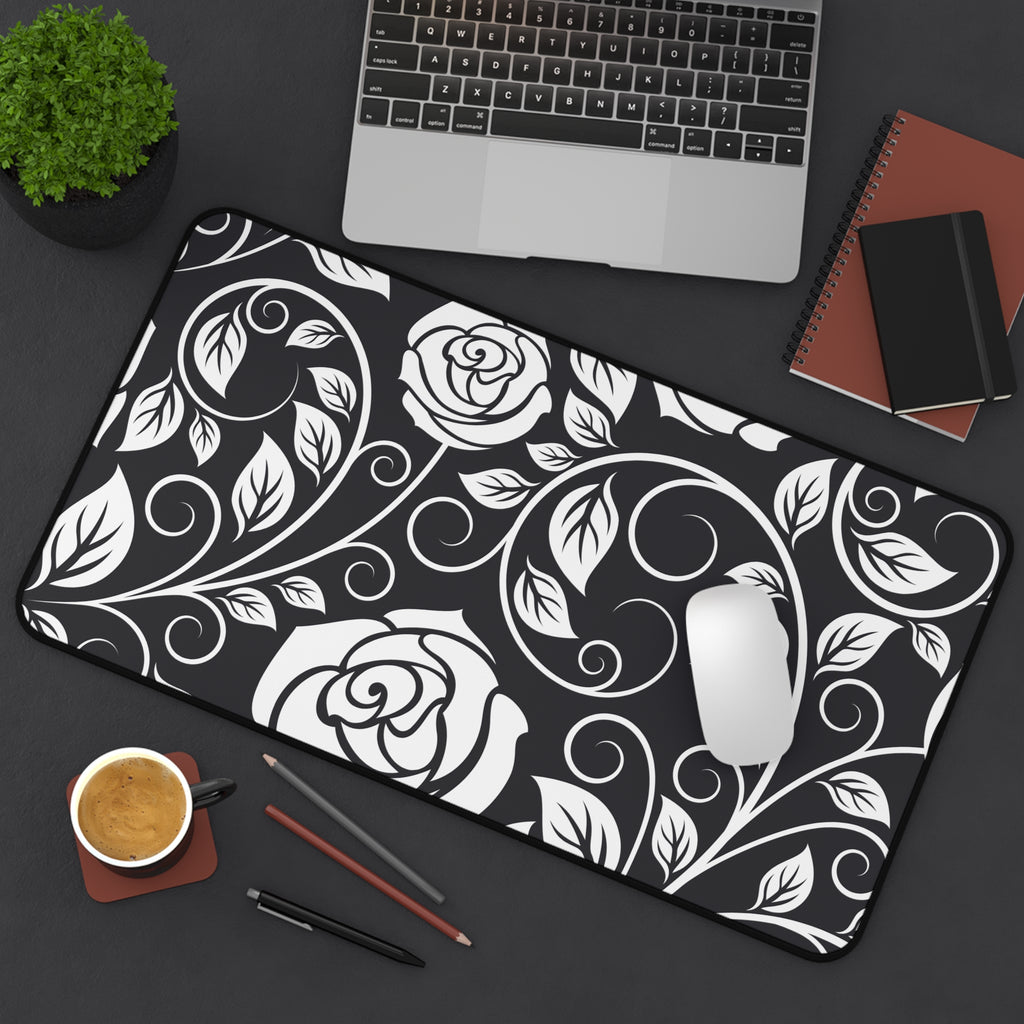 Desk Mat — Black & White Rose Swirl Desk Mat (Floral Mouse Pad for Office & Home)