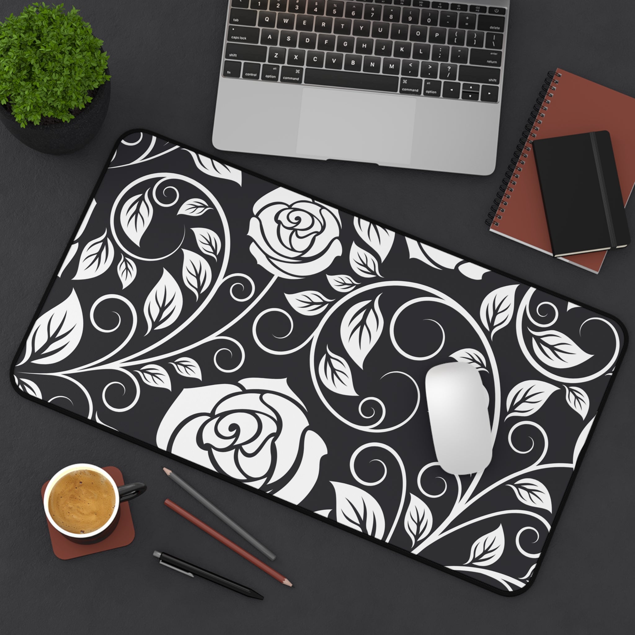 Desk Mat — Black & White Rose Swirl Desk Mat (Floral Mouse Pad for Office & Home)