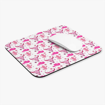 Pink Western Cow Skull Mouse Pad — Cute Cowgirl Desk Mat with Hats & Cacti