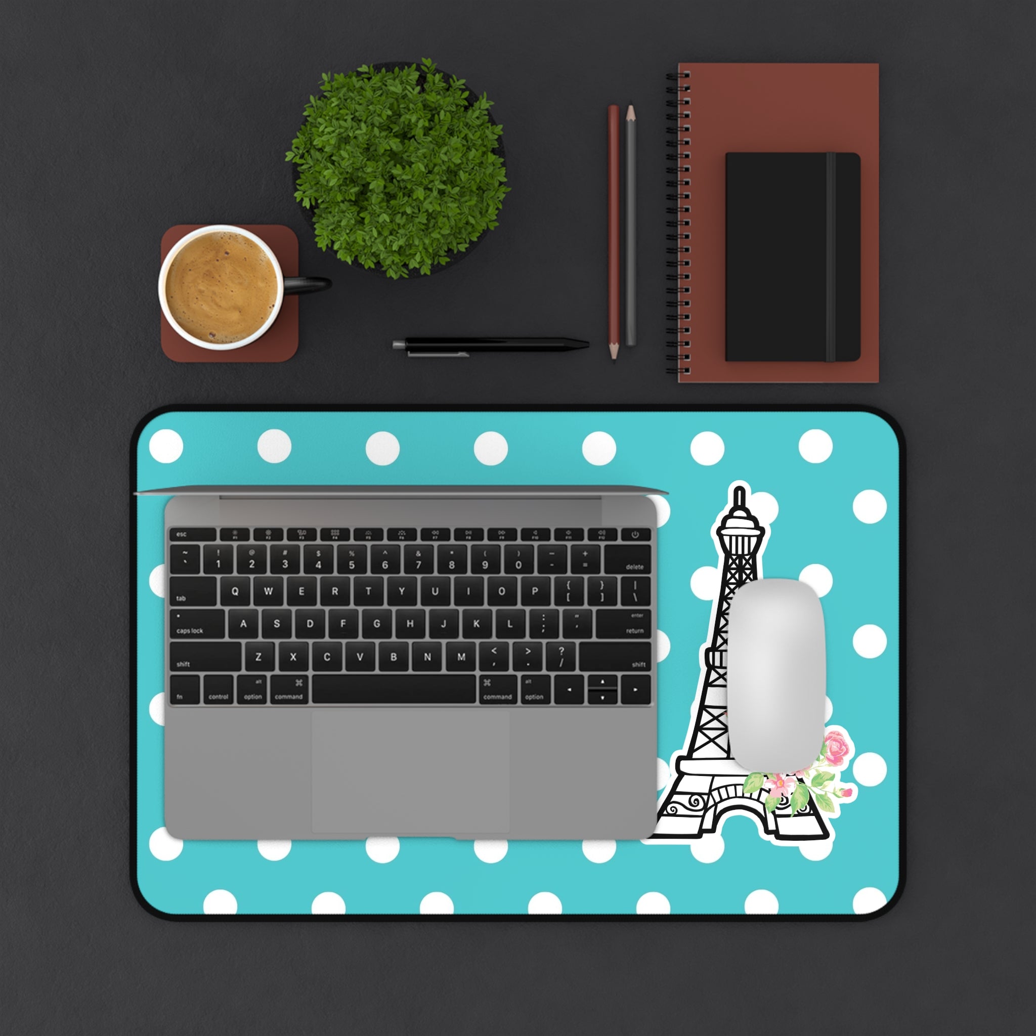 Eiffel Tower Polka Dot Desk Mat — Turquoise Floral Mousepad