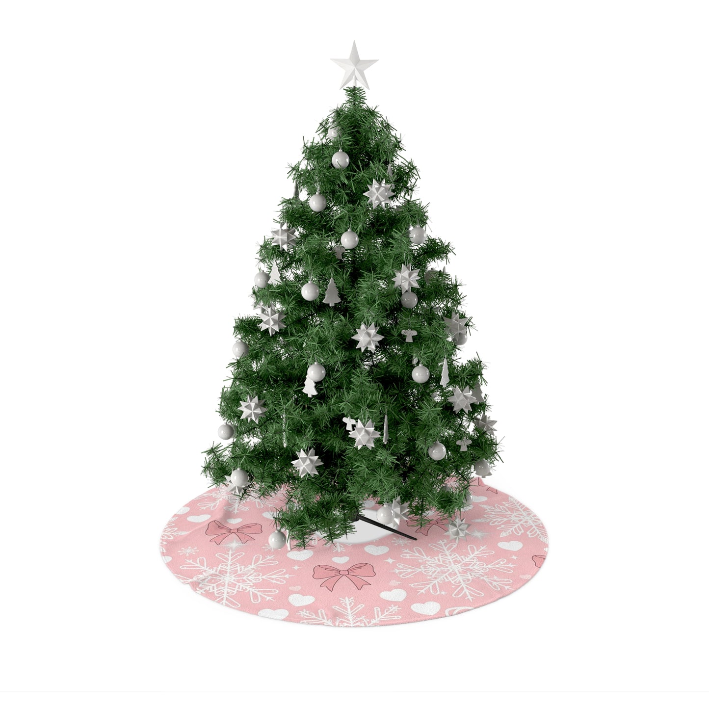 Pink Snowflake & Bow Christmas Tree Skirt — Cozy Holiday Decor for Girls’ Rooms & Pastel-Themed Trees