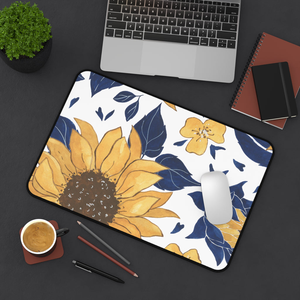 Sunflower Floral Desk Mat — Yellow & Navy Office Mousepad