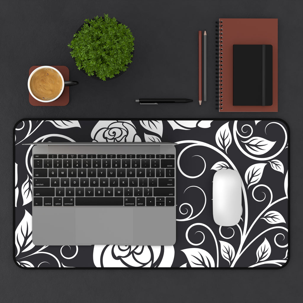Desk Mat — Black & White Rose Swirl Desk Mat (Floral Mouse Pad for Office & Home)