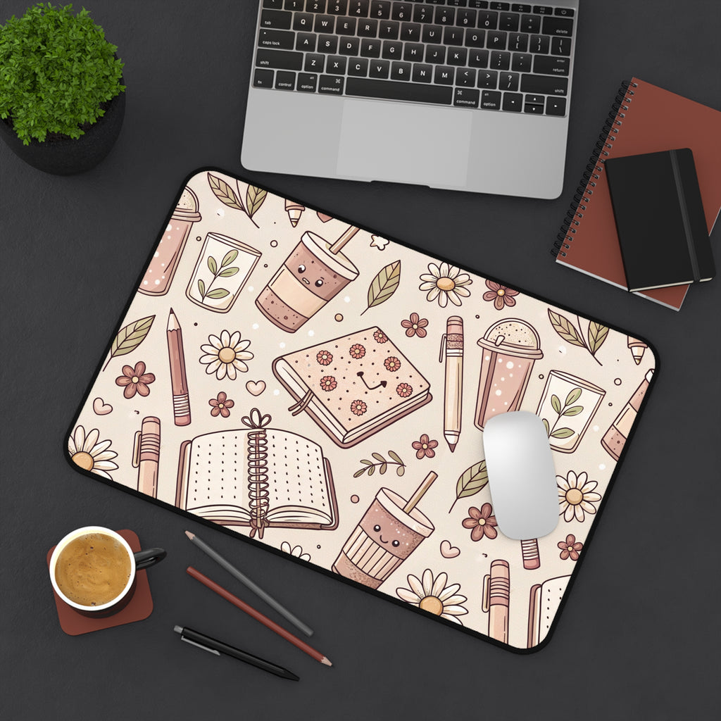 Cute Study Desk Mat — Floral Notebooks, Pens & Coffee Pattern
