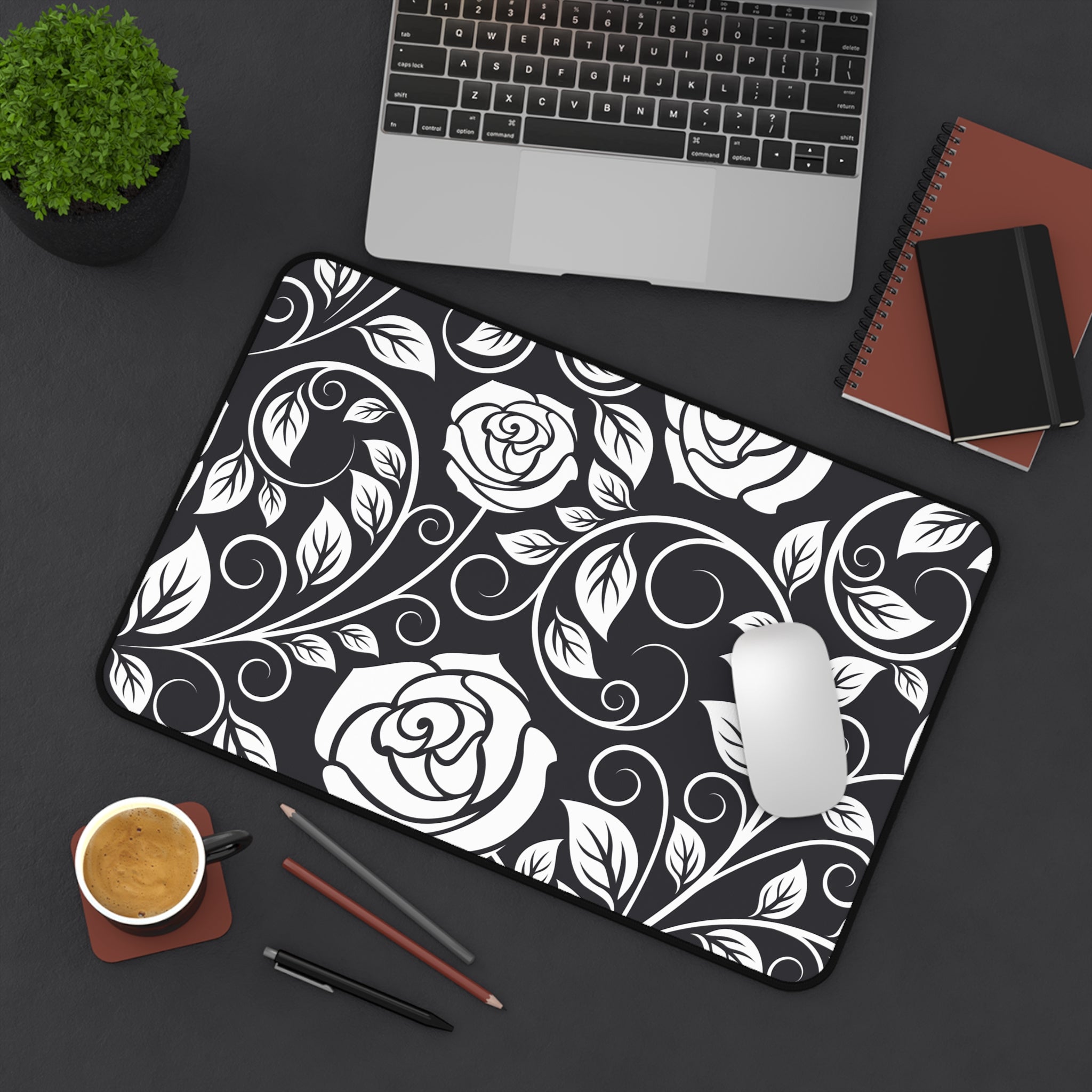 Desk Mat — Black & White Rose Swirl Desk Mat (Floral Mouse Pad for Office & Home)