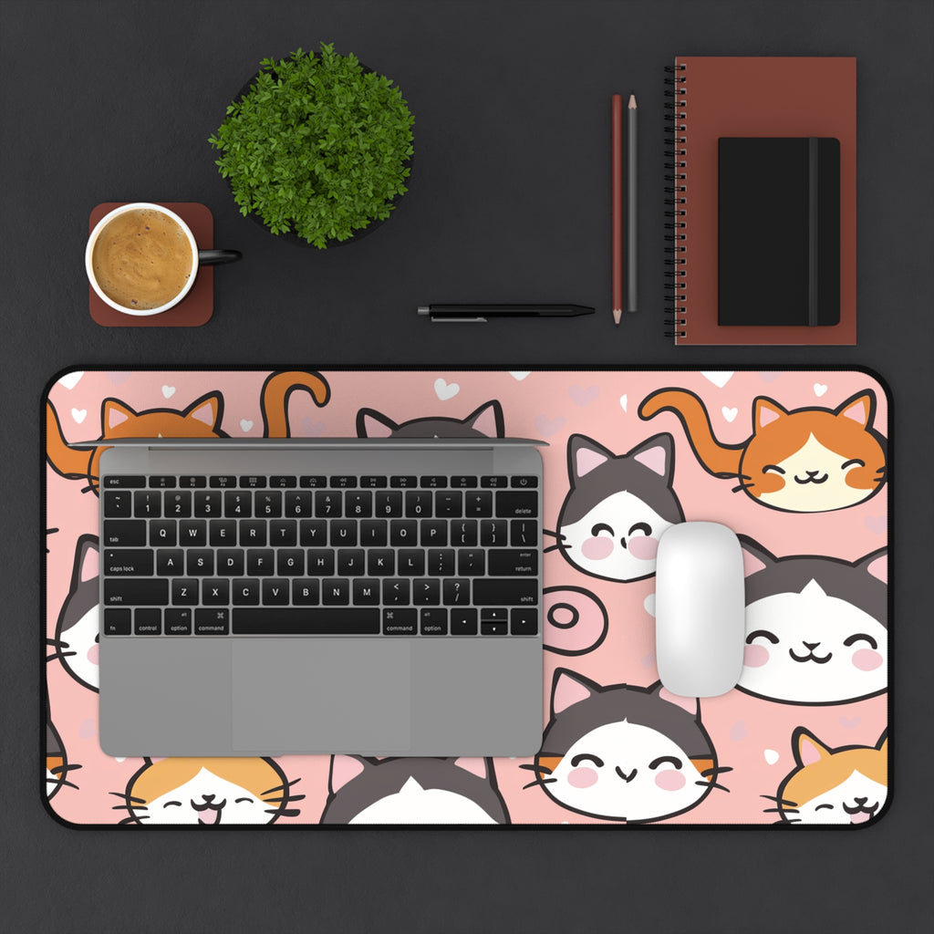Cute Kawaii Cat Faces Desk Mat — Pink Cat Pattern Mouse Pad