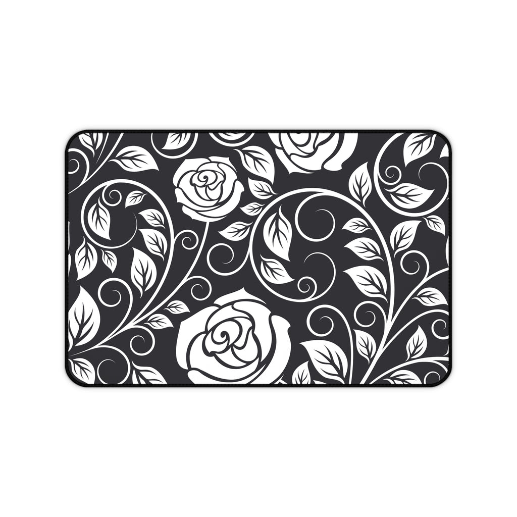 Desk Mat — Black & White Rose Swirl Desk Mat (Floral Mouse Pad for Office & Home)