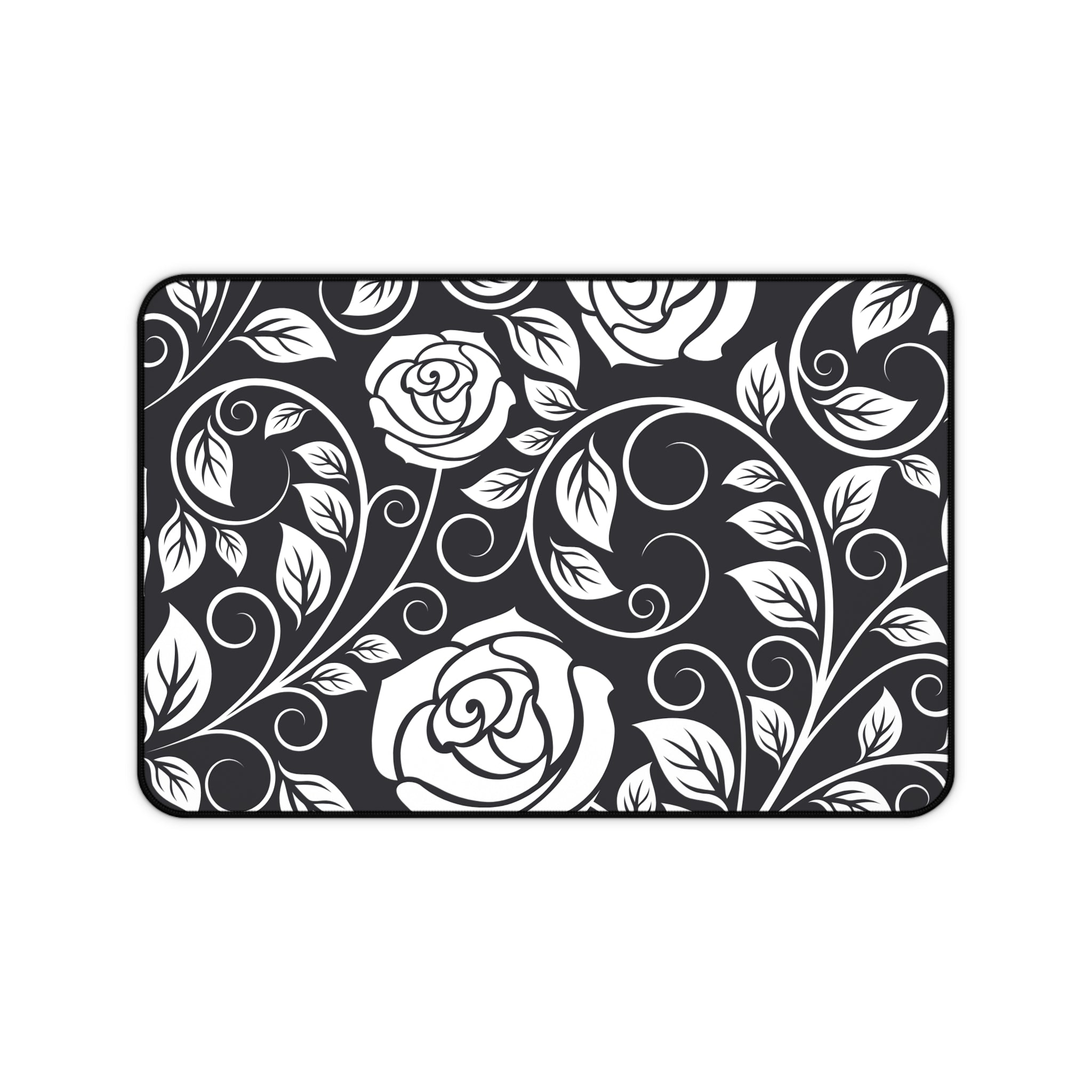 Desk Mat — Black & White Rose Swirl Desk Mat (Floral Mouse Pad for Office & Home)