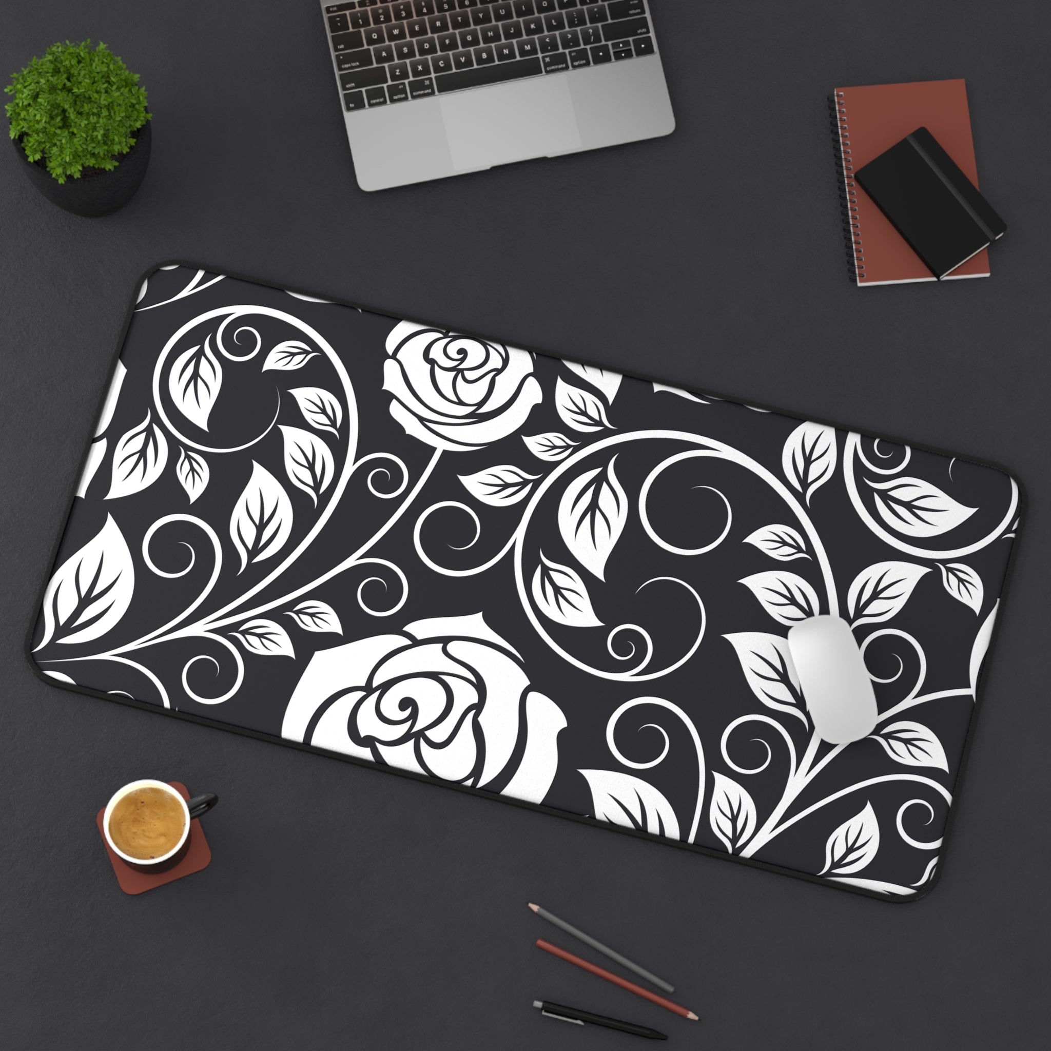 Desk Mat — Black & White Rose Swirl Desk Mat (Floral Mouse Pad for Office & Home)