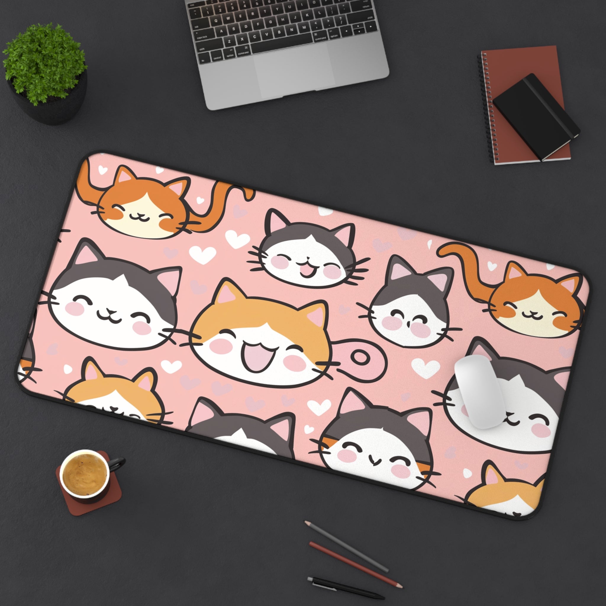 Cute Kawaii Cat Faces Desk Mat — Pink Cat Pattern Mouse Pad