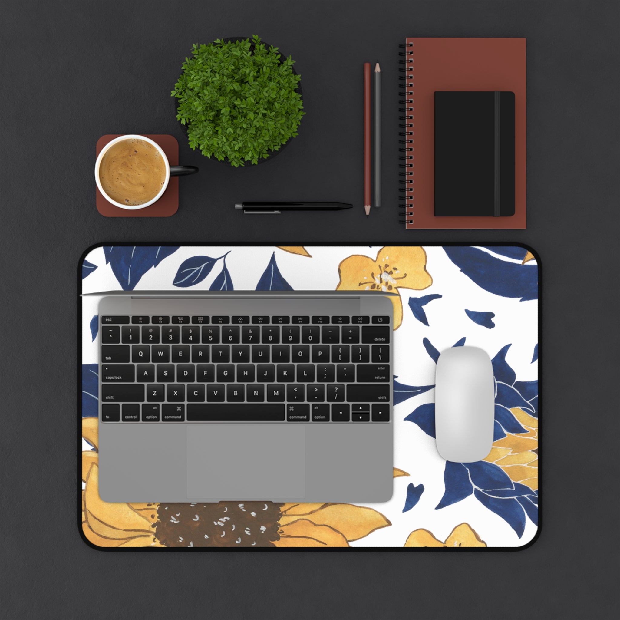Sunflower Floral Desk Mat — Yellow & Navy Office Mousepad