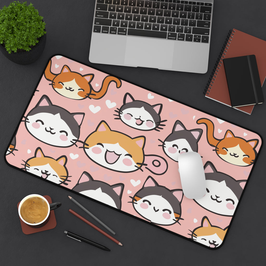Cute Kawaii Cat Faces Desk Mat — Pink Cat Pattern Mouse Pad