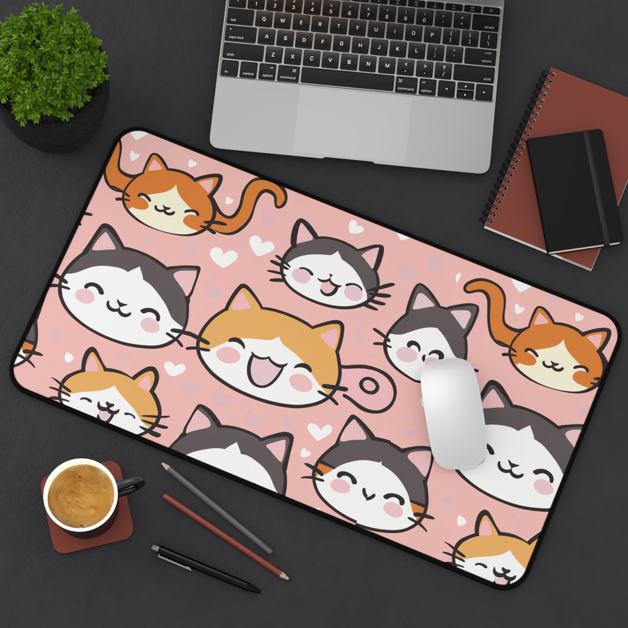 Cute Kawaii Cat Faces Desk Mat — Pink Cat Pattern Mouse Pad