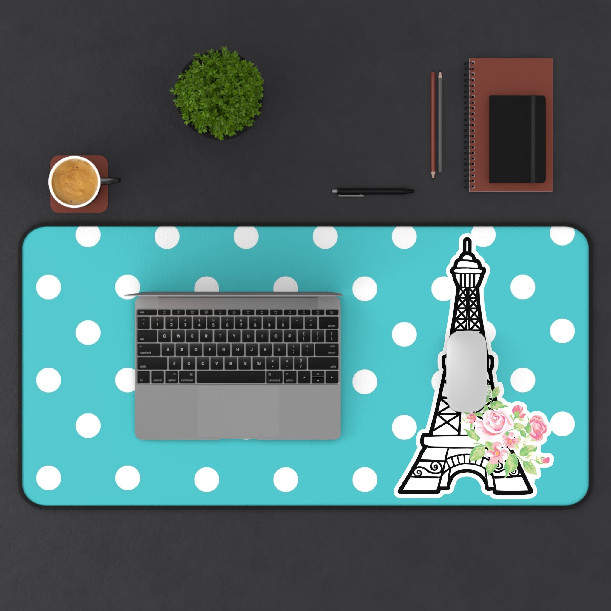 Eiffel Tower Polka Dot Desk Mat — Turquoise Floral Mousepad