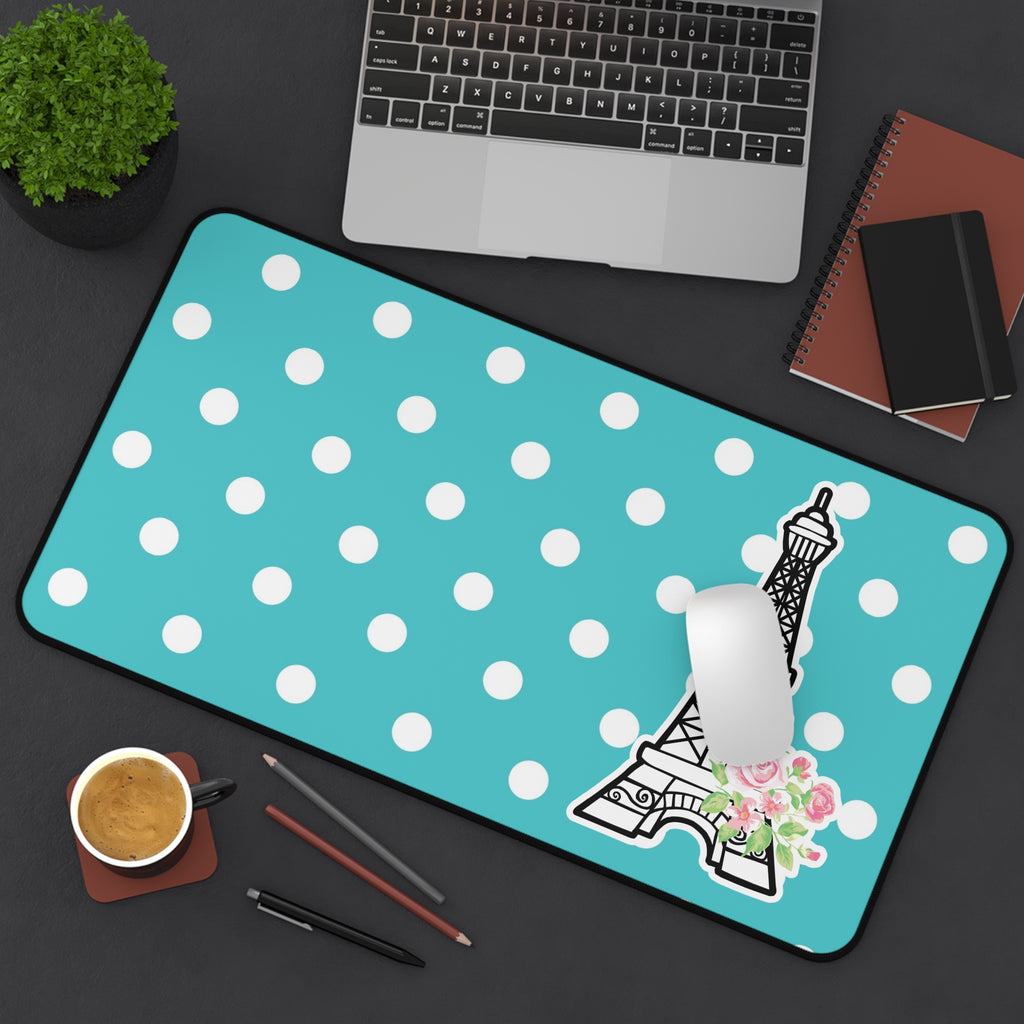 Eiffel Tower Polka Dot Desk Mat — Turquoise Floral Mousepad