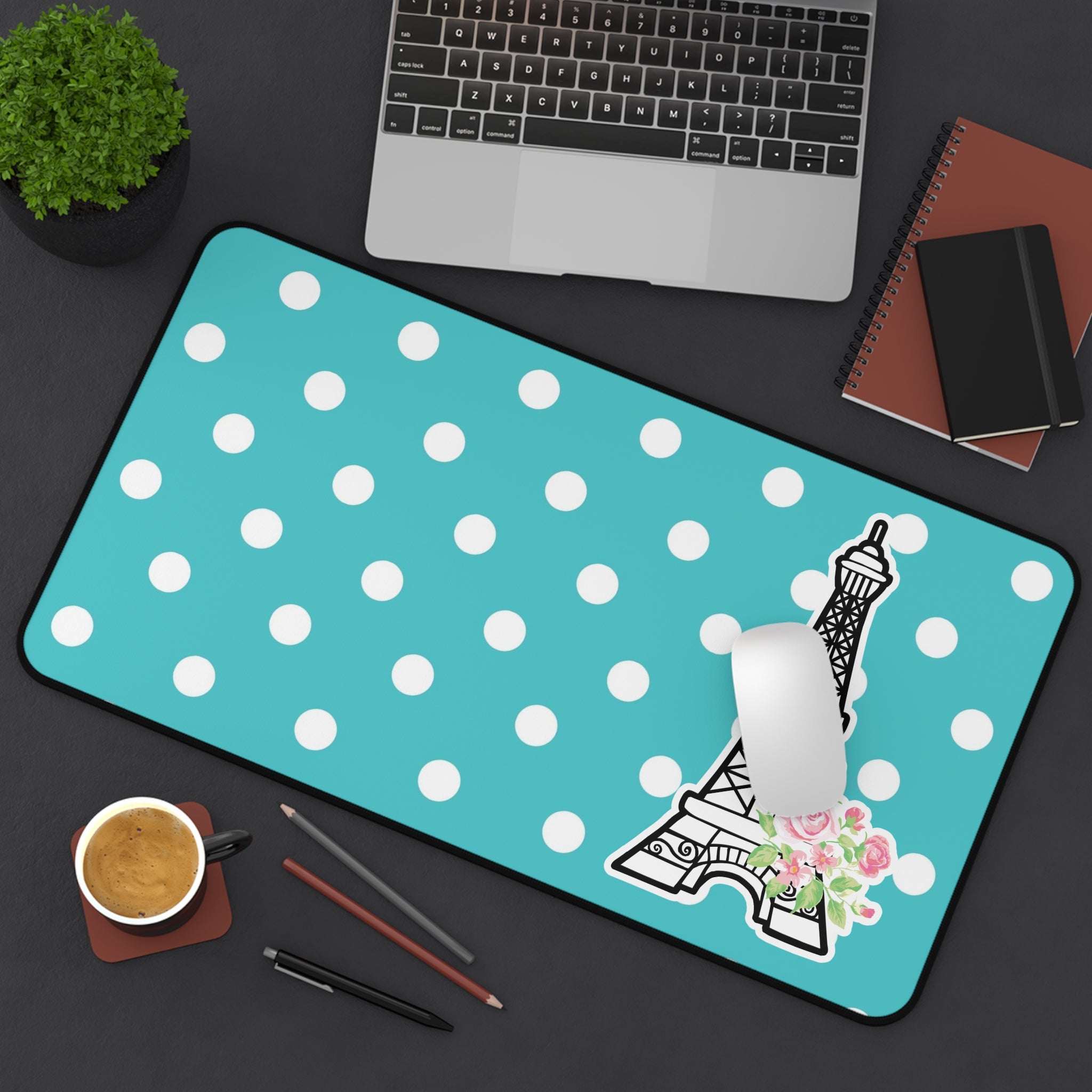 Eiffel Tower Polka Dot Desk Mat — Turquoise Floral Mousepad