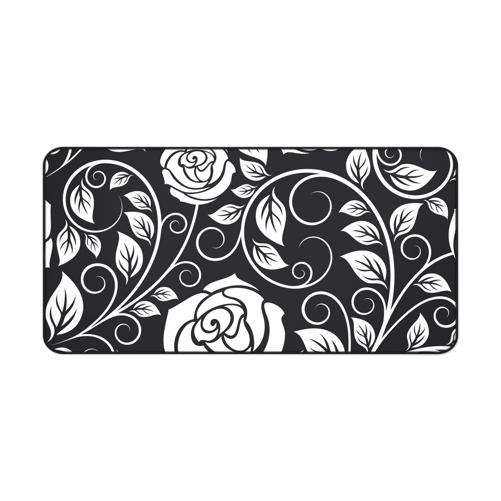 Desk Mat — Black & White Rose Swirl Desk Mat (Floral Mouse Pad for Office & Home)