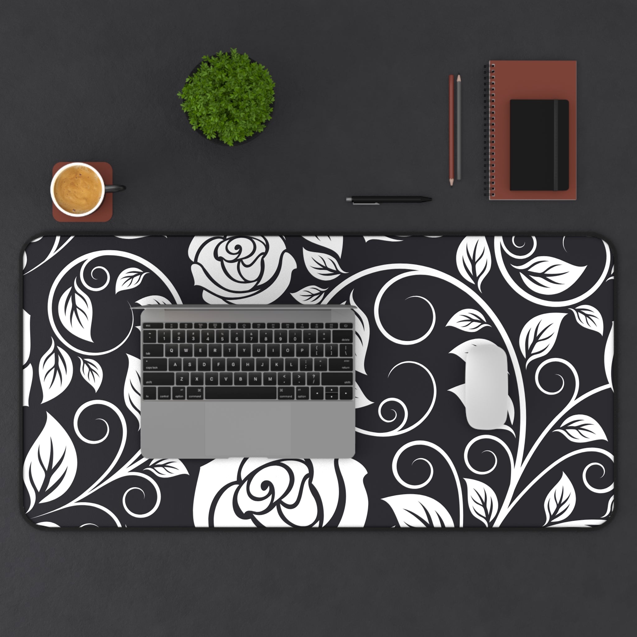 Desk Mat — Black & White Rose Swirl Desk Mat (Floral Mouse Pad for Office & Home)