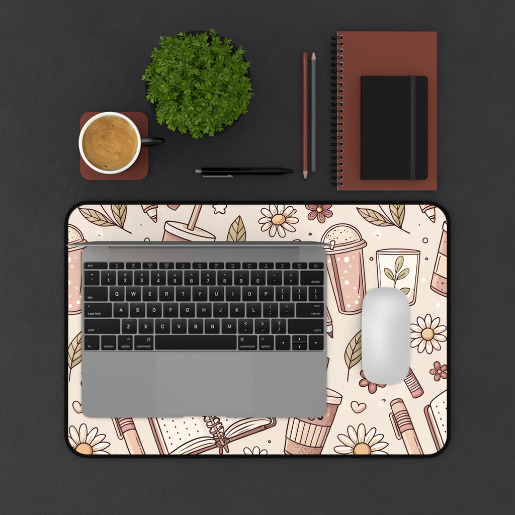 Cute Study Desk Mat — Floral Notebooks, Pens & Coffee Pattern