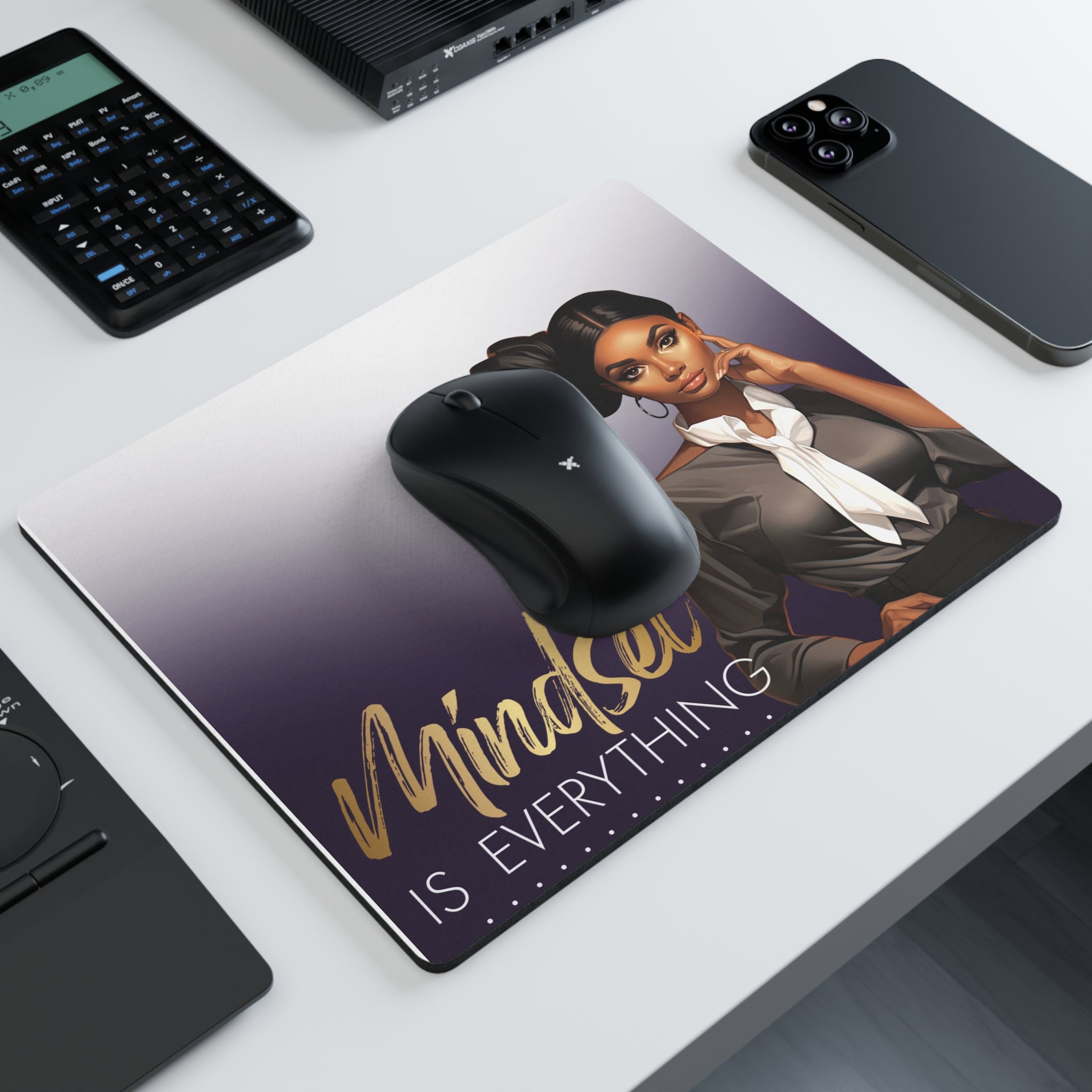 Mindset Is Everything Rectangular Mouse Pad — Motivational Office Mousepad with Empowered Woman Design