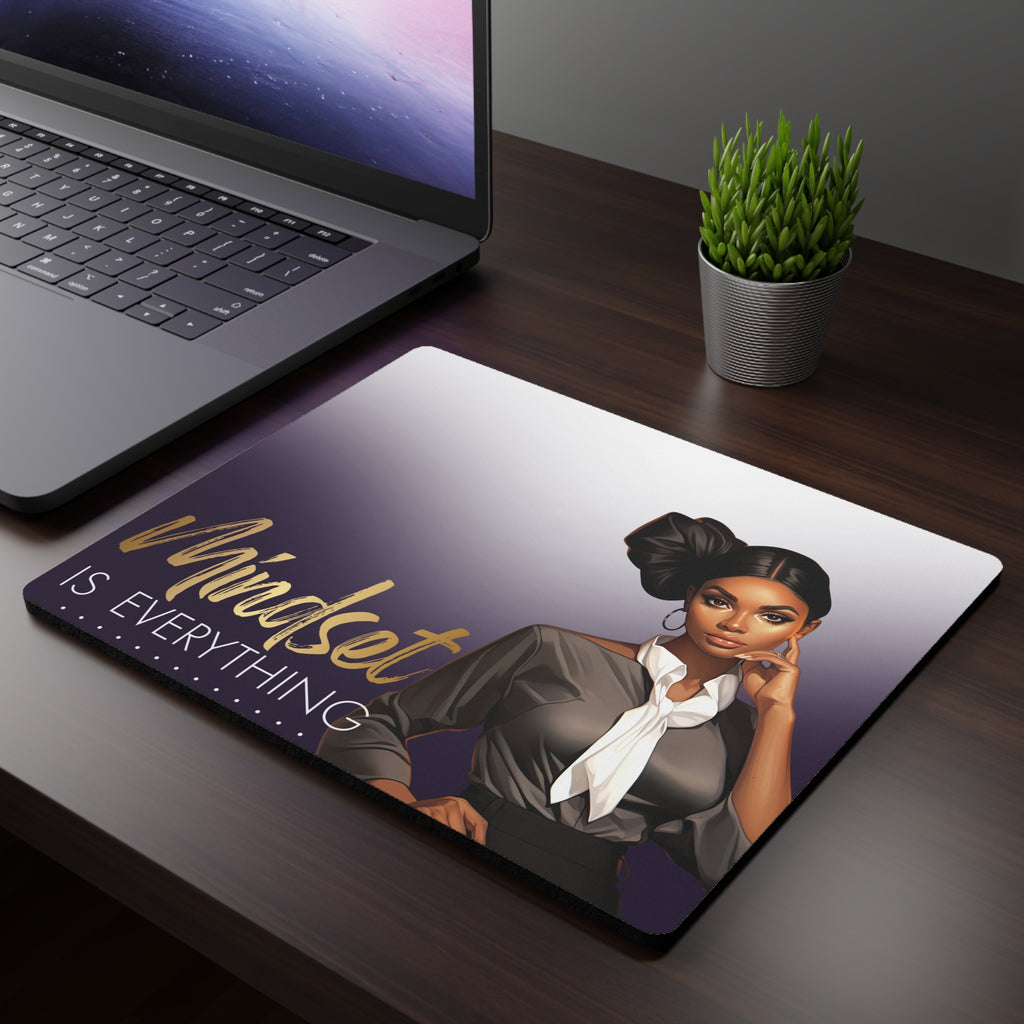 Mindset Is Everything Rectangular Mouse Pad — Motivational Office Mousepad with Empowered Woman Design