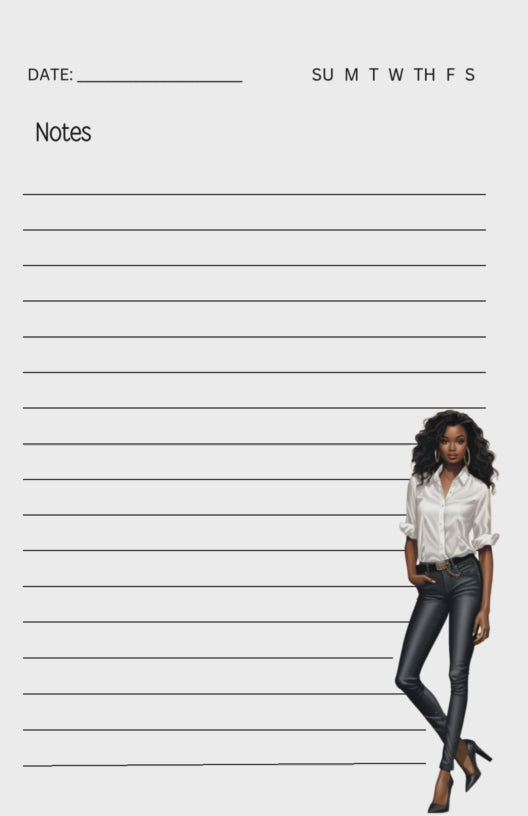 Chic Black Woman Memo Notepad – 5.5x8.5" Lined Stationery Pad for Notes & Lists