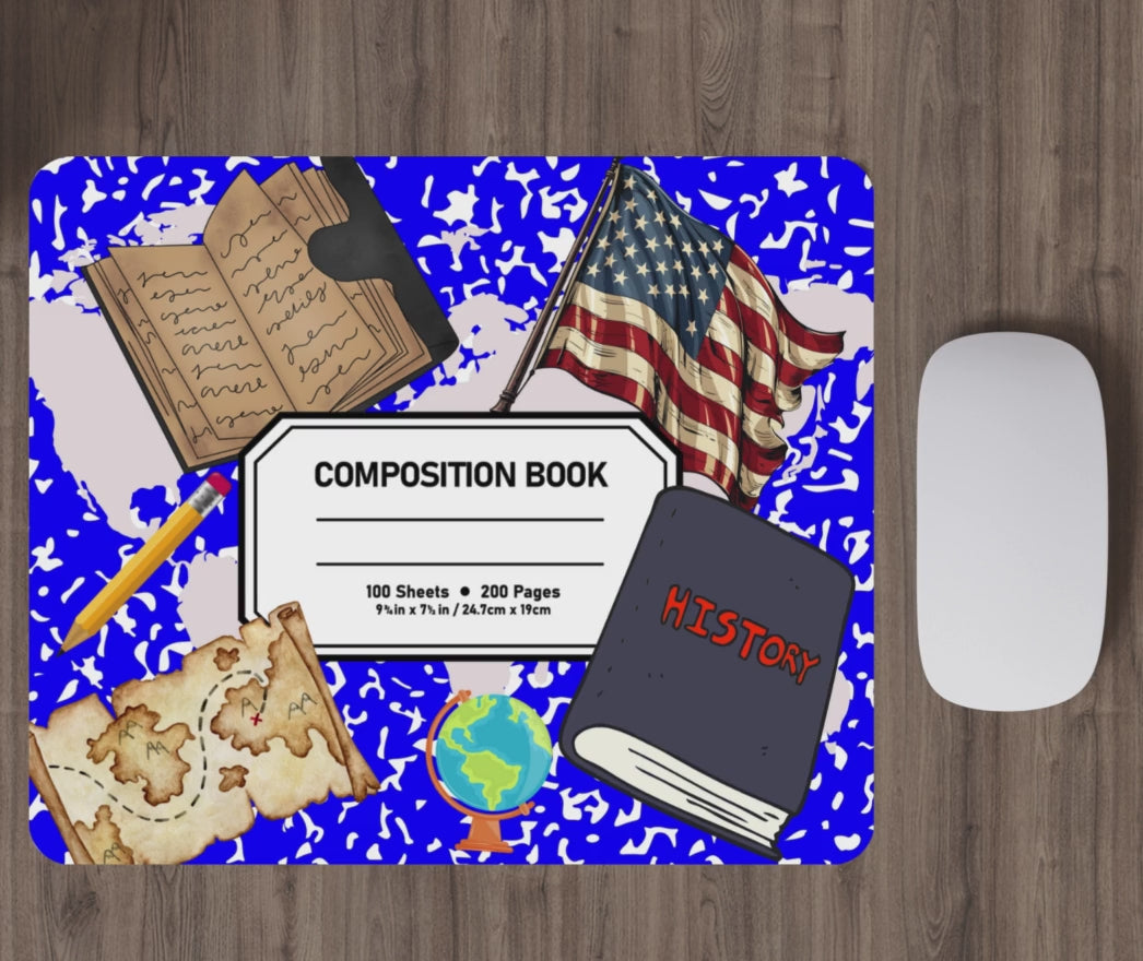 Colorful History Mouse Pad – American Flag, Globe and Vintage Icons for Teachers, Students & History Lovers