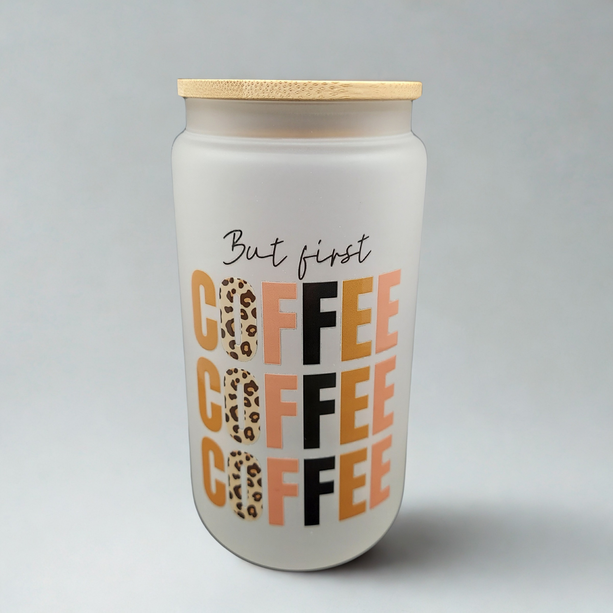 But First, Coffee 16oz Frosted Glass Can Tumbler with Bamboo Lid