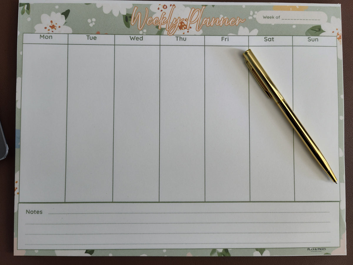 Sage Green Floral Weekly Desk Planner Notepad | 7-Day Weekly Organizer | Plan & Pages