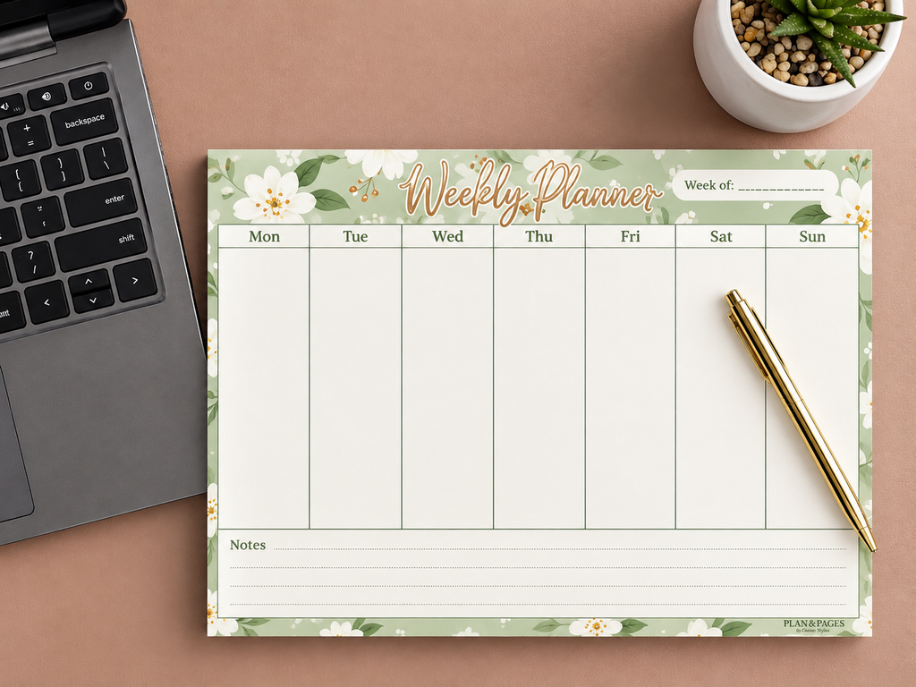 Sage Green Floral Weekly Desk Planner Notepad | 7-Day Weekly Organizer | Plan & Pages
